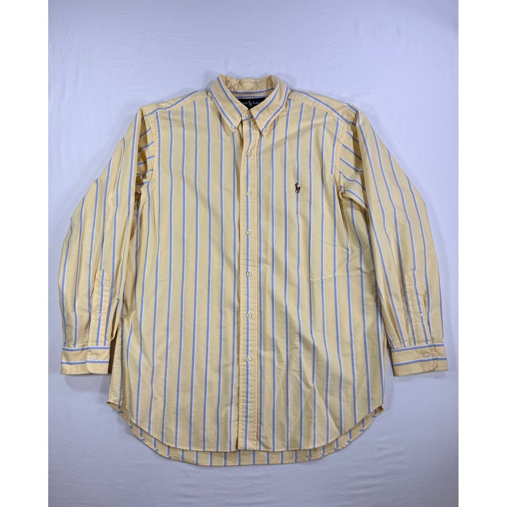 Ralph Lauren Classic Fit Oxford Shirt Mens 16.5 32/33 Yellow Blue Stripe Pony